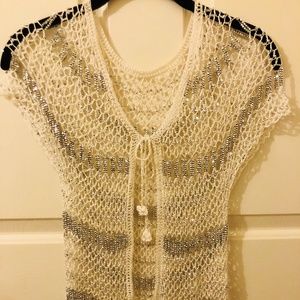 Anna-Kaci S/M FIt White Silver Loose Crochet Knit